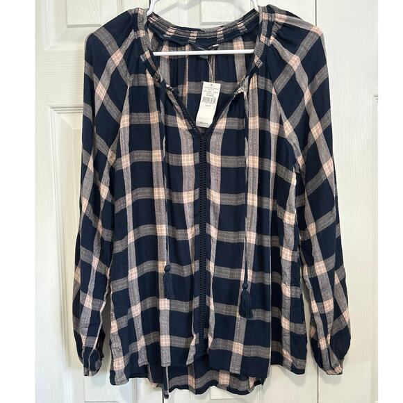 American Eagle NWT Navy Plaid Peasant Blouse XS – Boho Tassel Tie Long Sleeve - Picture 2 of 9